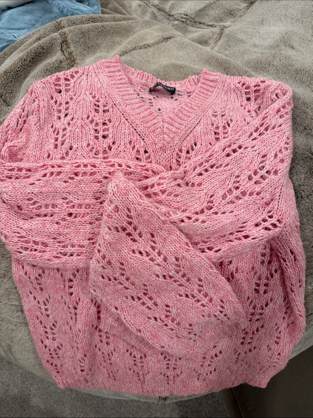 Kittenish Pink Openwork V-Neck Sweater